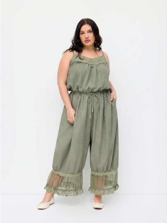 Cider Pants - Cider Olive Lace-Trim Wide Leg Jumpsuit